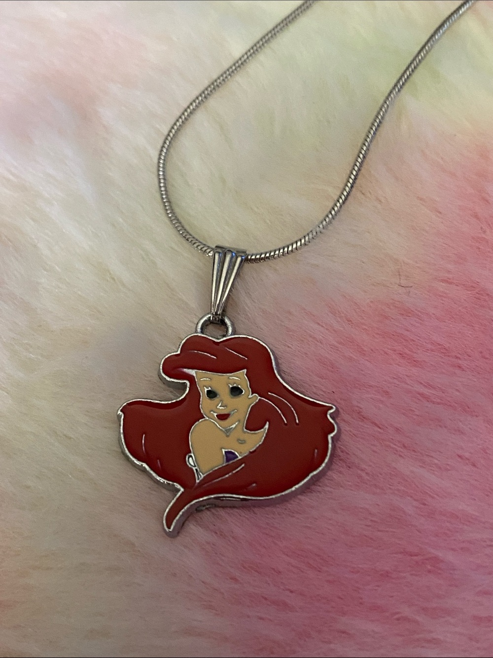 Disney Ariel Red Enamel Pendant Necklace - Silver Tone